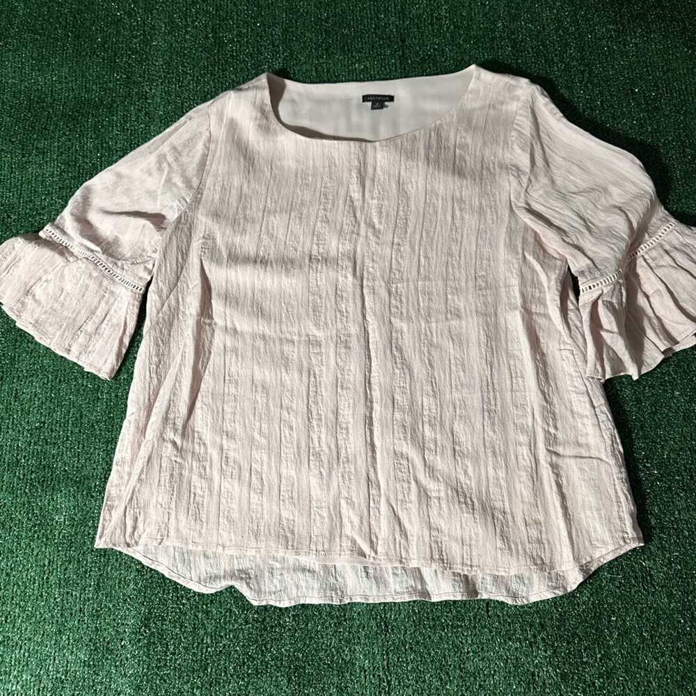 Ann Taylor Blush Textured Blouse with Ruffle Sleeves